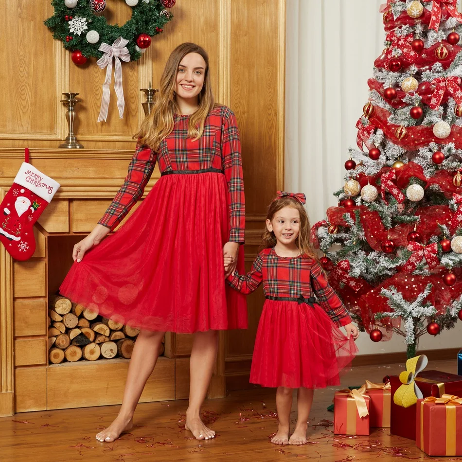 Matching Dresses Christmas Patpat Look-Sets Family Mommy Me Mesh And Plaid Mosaic Festival