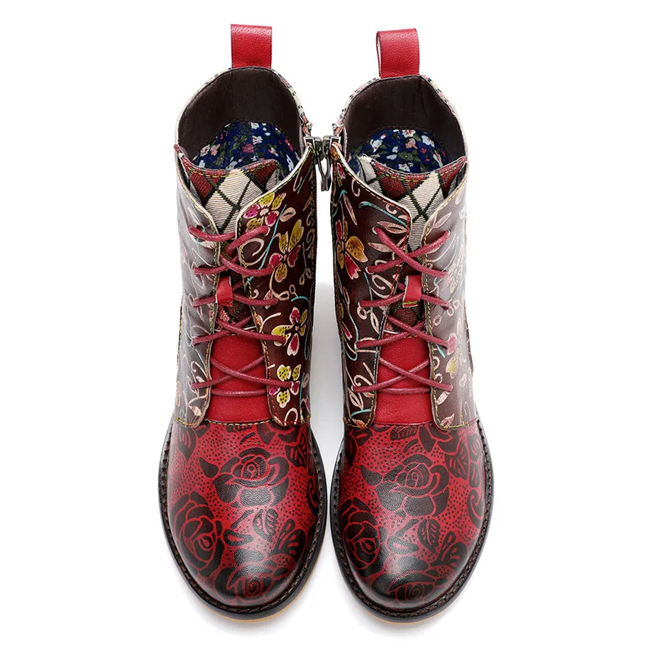 Women Boots Fashion Lace Up Ankle Boots Shoes For Woman Vintage Color Block Female Lady Thick High Heels Western Boots Handmade  (15)