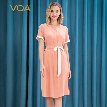 

VOA Silk White V-Collar Short Sleeve Single Row Button Strap Waist Hugging Slit Hemline at Hem Lady Dress AX55