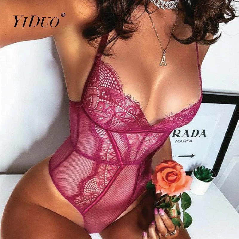 green bodysuit YiDuo Red Sexy Bodysuit Women Lace Fitness Bodycon Skinny Rompers Jumpsuit Deep V Neck Transparent Mesh Bodysuits 2020 Club Wear shapewear bodysuit