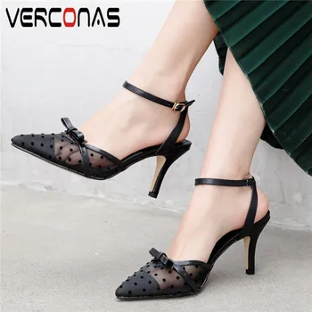 

VERCONAS Women Genuine Leather Cross-Tied Knot Pointed Toe Thick Heels Lace Up Basic Shoes Sandals Summer Elegant Shoes Woman