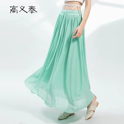 Gaoyitai elegante fita hortelã verde georgette seda mulher saias senhoras de escritório uma linha sólida dupla camada longa saia plissada cy007