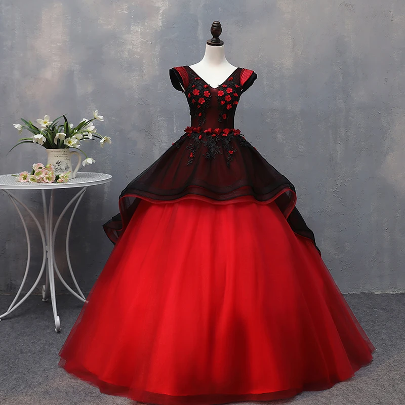Винтажное длинное бальное платье на заказ Черное и красное Quinceanera принцесса