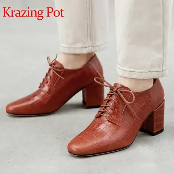 

Krazing Pot big size vintage British school retro natural leather high heels square toe women pumps lace up breathable shoes L52