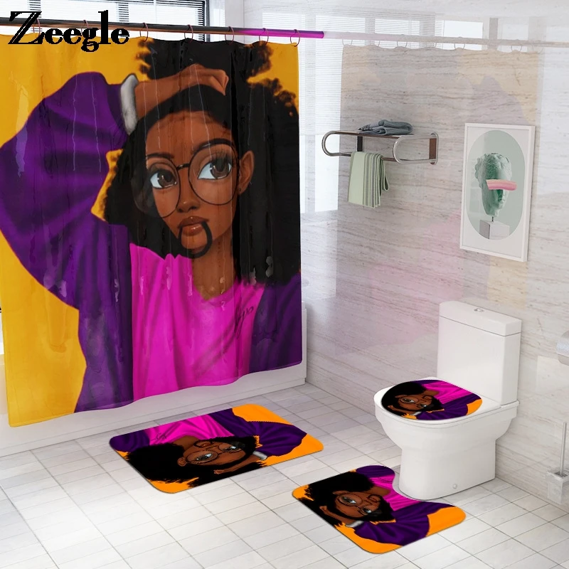 Portrait Flannel Bath Mat Toilet Bathroom Carpet Rugs African Women Bath Mat and PVC Shower Curtain Set bathroom Floor Mats