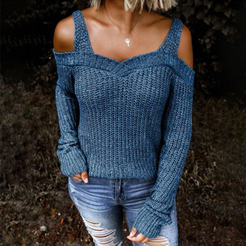 

New Sweaters Fashion Women 2020 Autumn Pullover Sexy V Neck Cold Shoulder Casual Solid Loose Long Sleeve Top Jumper Pullover
