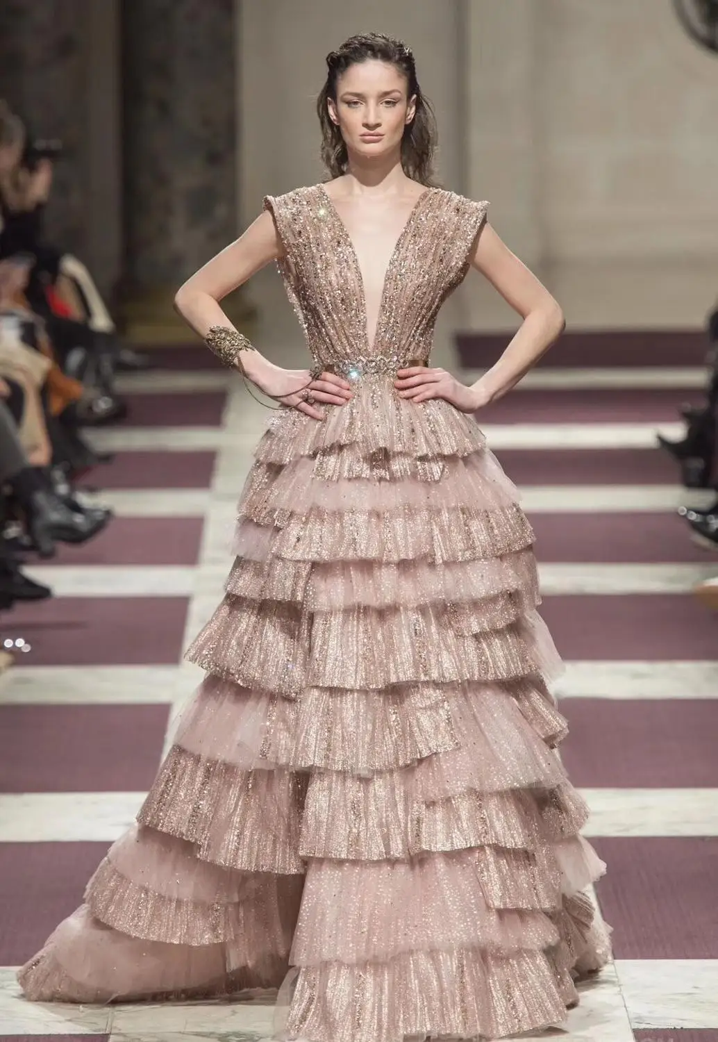 

New Fashion Tank V-neck Pink A-line Blingbling Cascading Ruffle Performance Chiffon Evening Party Dress