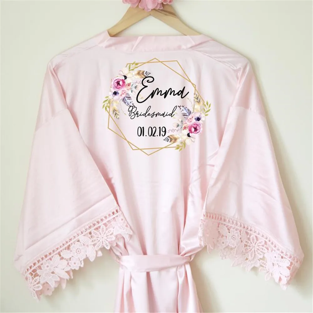 customize name date bridesmaid dressing gown pink lace floral wedding robe bride keepsake monoram flower girl satin kimono | Дом и сад