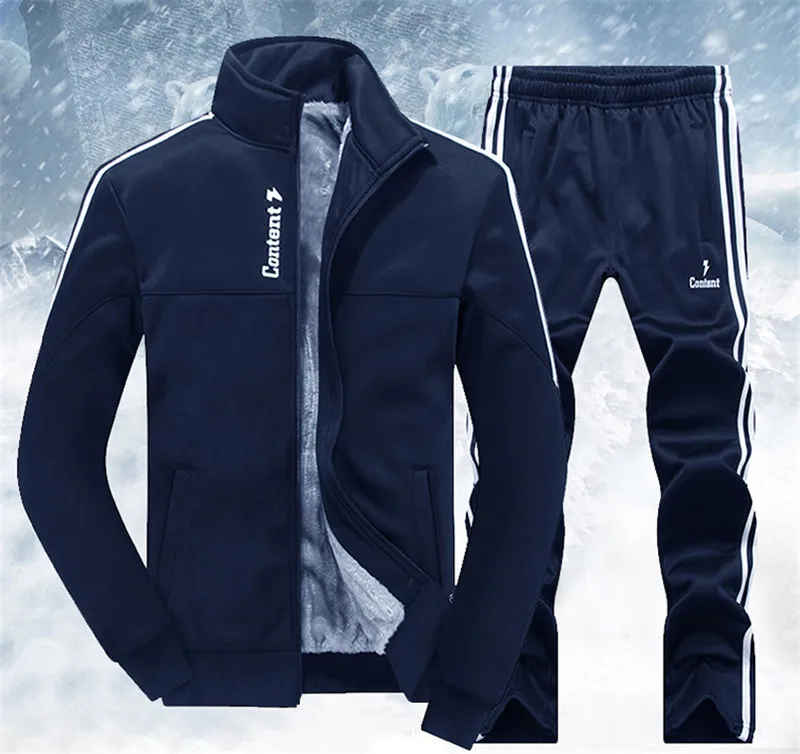 New Winter Men's Sets Plus Velvet Men Sport Suits Sportswear Set Fitness Warm Tracksuit Zip Pocket Male's Casual Clothing