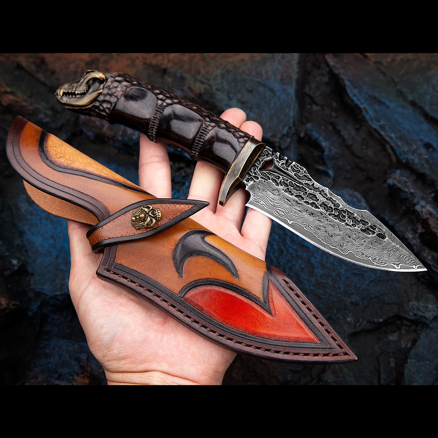 Damascus Hunting Knife Fixed Blade Ebony And Tyrannosaurus Steel