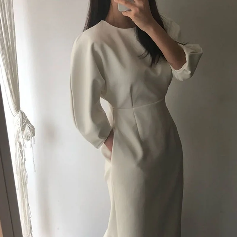 French White Dress Women One-Piece Korean Elegant Office Dress 2020 Spring Autumn New Fashion Long Sleeve Dress Vestidos Female