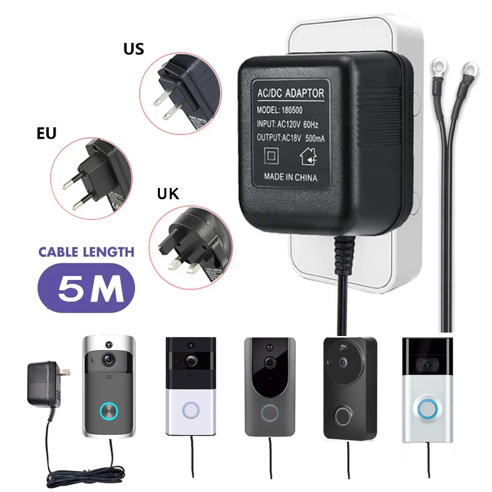 Transformador de CA de 18V, Cable de 5 metros, adaptador de alimentación de la Cámara, Wifi, para videoportero IP, timbre inalámbrico, 110V-240V