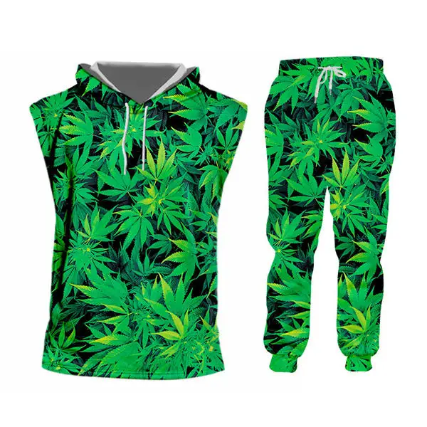 Hoodie Tank set Большой размер S-6XL толстовки на молнии+ брюки для бега мужские комплекты из 2 предметов Harajuku 3d зеленый лист сорняков принт унисекс Повседневный Спортивный костюм на заказ - Цвет: Hoodie Tank set