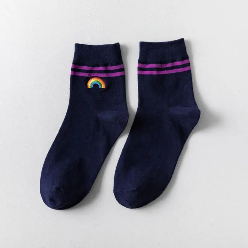 5 Pairs Women Cotton Crew Socks Double Stripes Rainbow Bridge Embroidery Hosiery 95AB