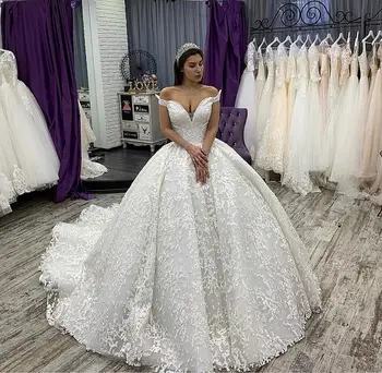 

2020 New Luxury Ball Gown Wedding Dress Long Princess Off Shoulder High Quality Lace Bridal Gowns For Dubai Saudi Arabic