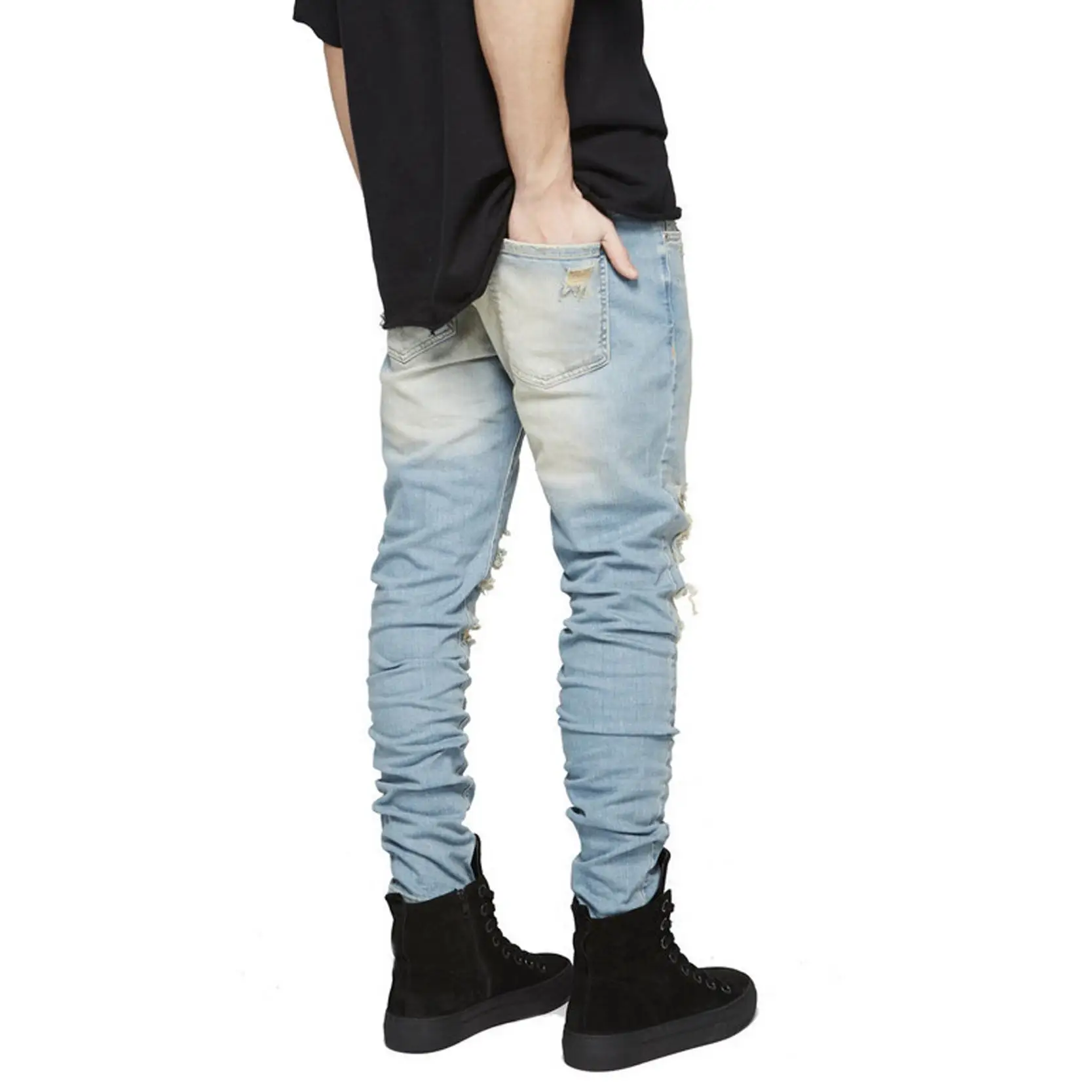 GODLIKEU Mens Destroy Distressed Jeans Ripped Skinny Black Biker Moto Hip Hop Urban Denim Pants