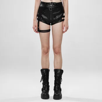 

PUNK RAVE Women Military Watcher Shorts Punk Double-layer Mesh Asymmetric Design Stage Performance Handsome Pu Leather Shorts