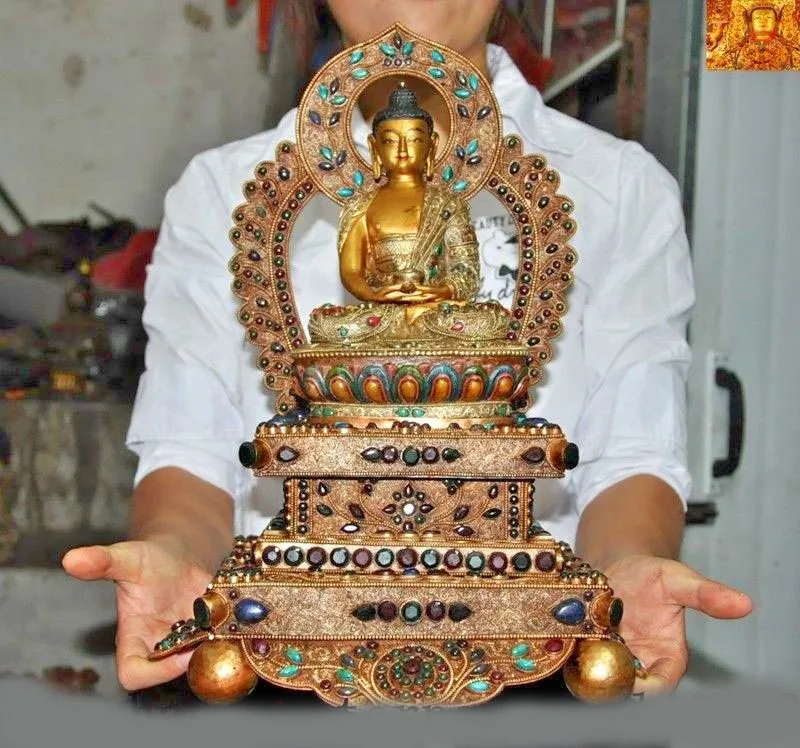 

wedding decoration Tibetan silver Filigree 24k gold Inlay gem Shakyamuni Shakya Mani Buddha statue