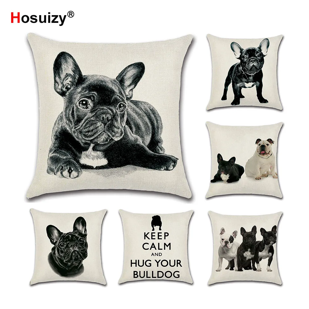 

English French Bulldog Cushion Cover 45x45cm Animal Cartoon Letter Linen Plain Beige Sofa Decorative Throw Pillow Covers 18x18