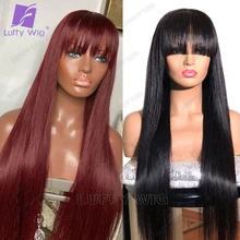 #4 99j Red Colored Human Hair Wigs With Bangs Remy Brazilian Straight Full Machine Made Scalp Top Wig For Women Luffywig