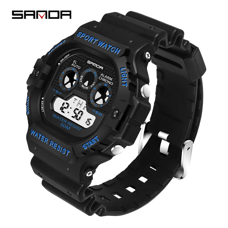 black-blue Sanda Роскошные Брендовые мужские спортивные часы для дайвинга 50 м цифровые светодиодные армейские часы мужские модные повседневные электронные наручные часы Relojes - Цвет: black-blue