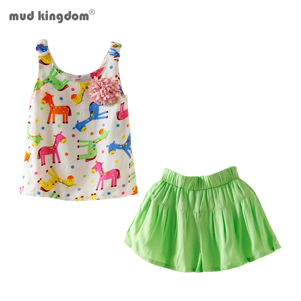

Mudkingdom Girls Outfits Sleeveless Cartoon Animal Pattern Tops Solid Shorts Sets