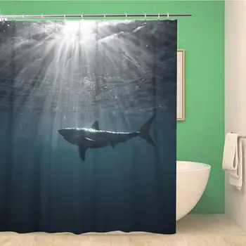 

Bathroom Shower Curtain Great White Shark in Blue Ocean Underwater Photography Predator Polyester Fabric 60x72 inches Waterproof