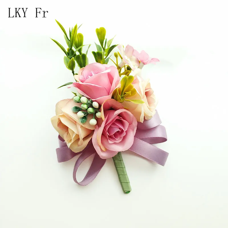 LKY Fr Wedding Boutonniere Groom Brooch Flowers Artificial Roses Bracelet for Bride Corsage Pins Marriage Wedding Men Buttonhole