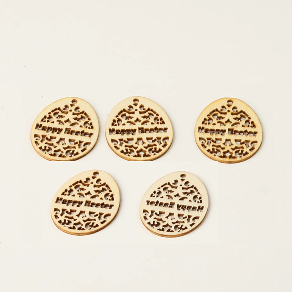50PCS Different Patterns Easter Eggs Wooden Craft Hollow Eggs with Top Hole Wood Chip Tag for Home Decoration Handmade Wood Tag