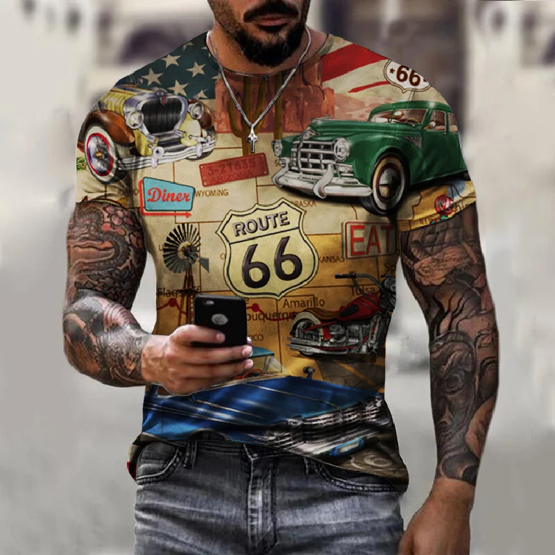 Fashion 66 Letters Printed Mens T Shirt Casual Vintage Short