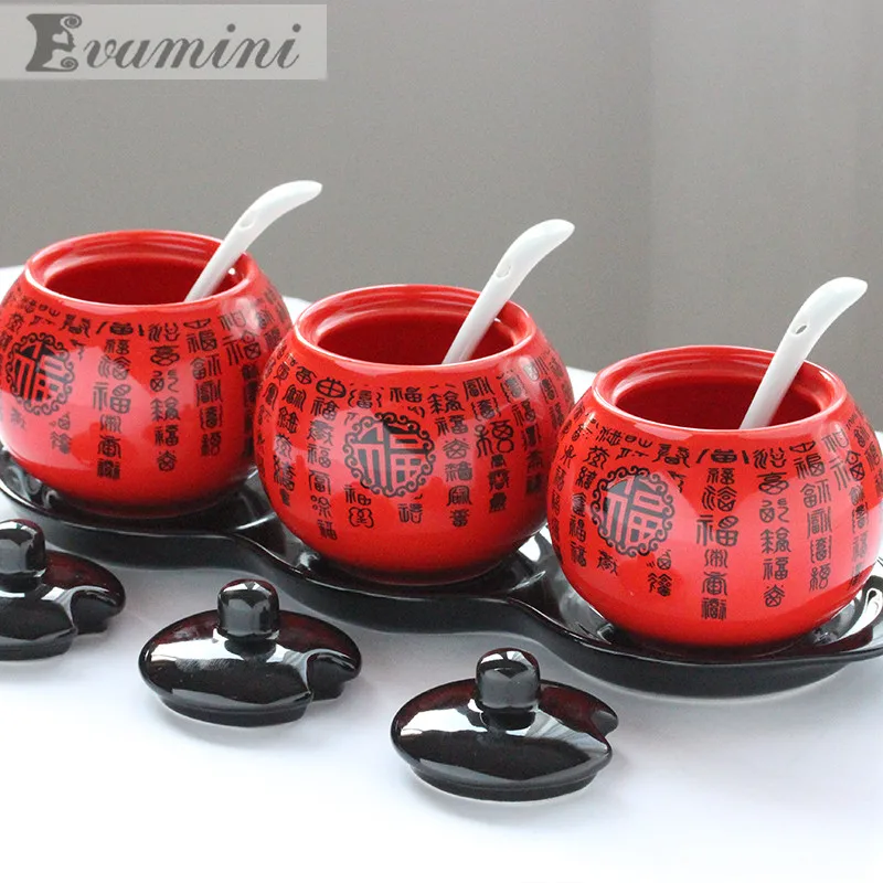 

Seasoning Jar Set 3pcs/Set Ceramic Tray Spoon Seasoning Bottle Cans Storage Box Combination Loading Pot Kitchen Accessories