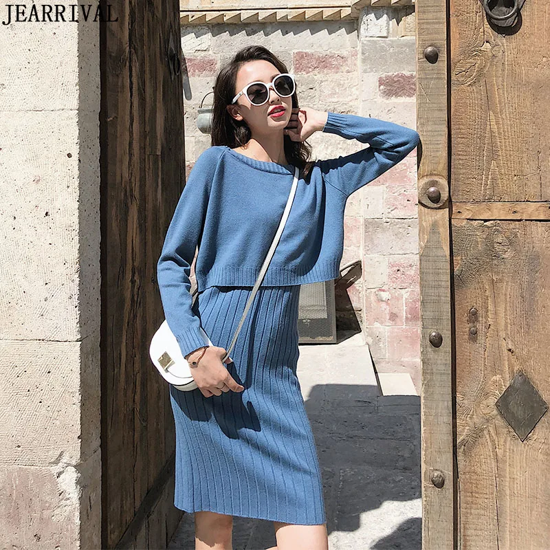 

2019 Autumn Winter Sweater Dress Sets 2 Piece Set Spaghetti Strap Mini Dress + Knitted Pullover Sweater Korean Style Women Suit