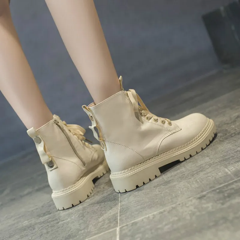 Женские ботильоны из мягкой кожи; зимние ботинки на платформе со шнуровкой; женские зимние мотоциклетные ботинки в стиле милитари; Уличная обувь