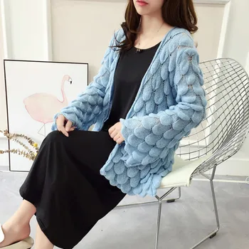 

Women Jackets Hollow Loose Open Stitch Coats Sweet Solid Flare Long Sleeves Jackets Knit Autumn And Winter Female Outerwear