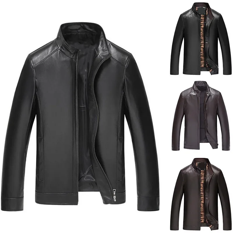 

PUIMENTIUA 2019 New Fashion Autumn Male Leather Jacket Plus Size 3xl Black Brown Mens Stand Collar Coats Leather Biker Jackets