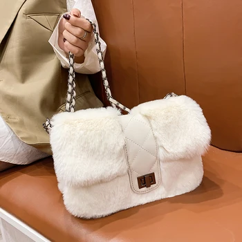 

Faux Fur Bags For Women 2021 Luxury Brand Handbags Fashion Trend Chain Shoulder Bag Ladies Soft Warm Plush Cross body Bag