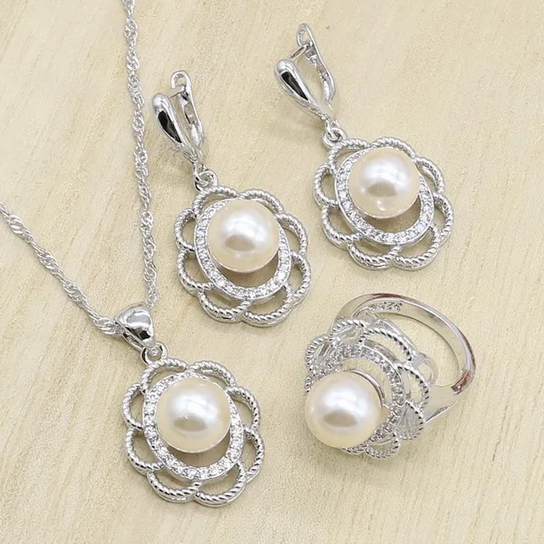Pink Pearl Белый и розовый жемчуг 925 серебряные свадебные комплекты украшений для женщин серьги подвеска из колец ожерелье День рождения Свадьба Подарок - Окраска металла: Pink Pearl