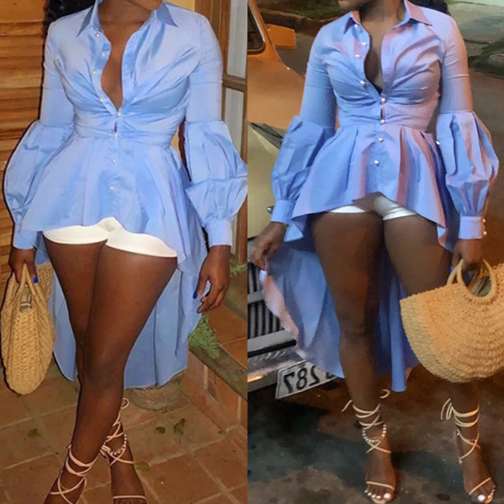 

AHVIT Long Lantern Sleeve Sexy Ruffles T Shirts Women Turn-Down Collar Front Short Back Long Tops Blue Single Breasted Tee B9129