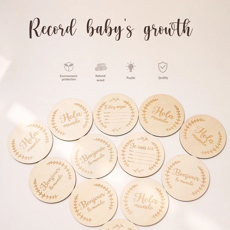 Baby Wooden Milestone Card Spanish French Double Sided Milestone Month Card Newborn Children Photography Props Toy Baby Souvenir