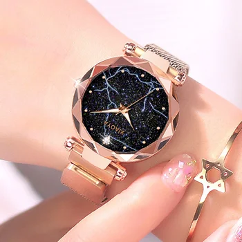 

Luxury Women Watches Starry Sky Luminous Rose Gold Magnetic Ladies Bracelet Gem Cut Relogio Feminino Creative Geometry Surface