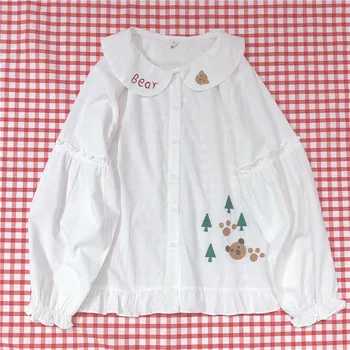 

Preppy Style White Kawaii Bear Embroidery Blouse Lovely Mori Girl Doll Collar Shirts Student Loose Tops Women Autumn 2020
