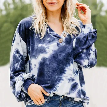 

Women Tie-Dye V Neck Buttoned Sweatshirt No Hood Lady Folds Full Lantern Sleeve Sweatshirts 2020 Female Autumn Casual Clothes