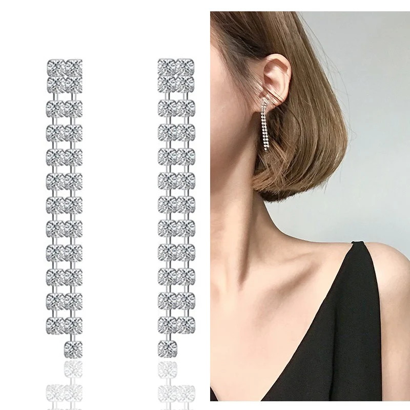 

Two rows of drilling fringed earrings ear line long chain geometric earrings simple high texture Earrings