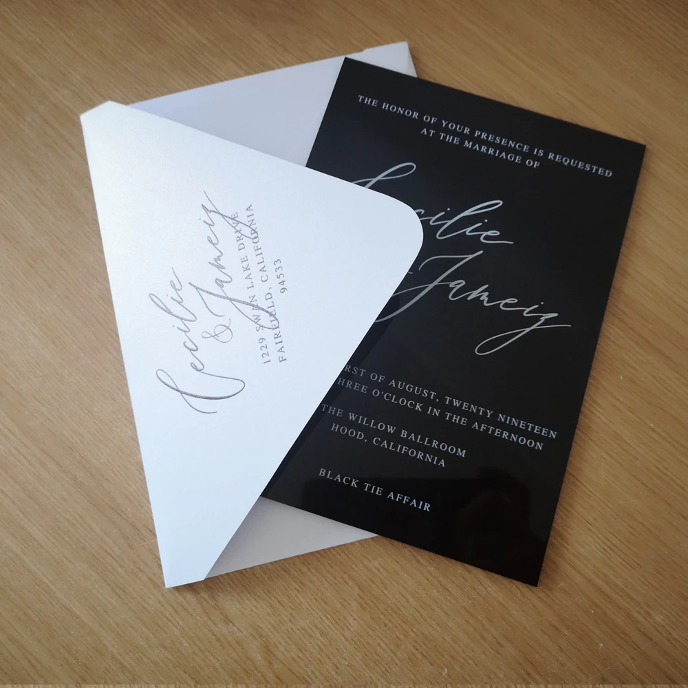 us $17.6 |luxury design wedding invitation popular china wedding acrylic  card sample,white printed black acrylic card with print envelope|cards &