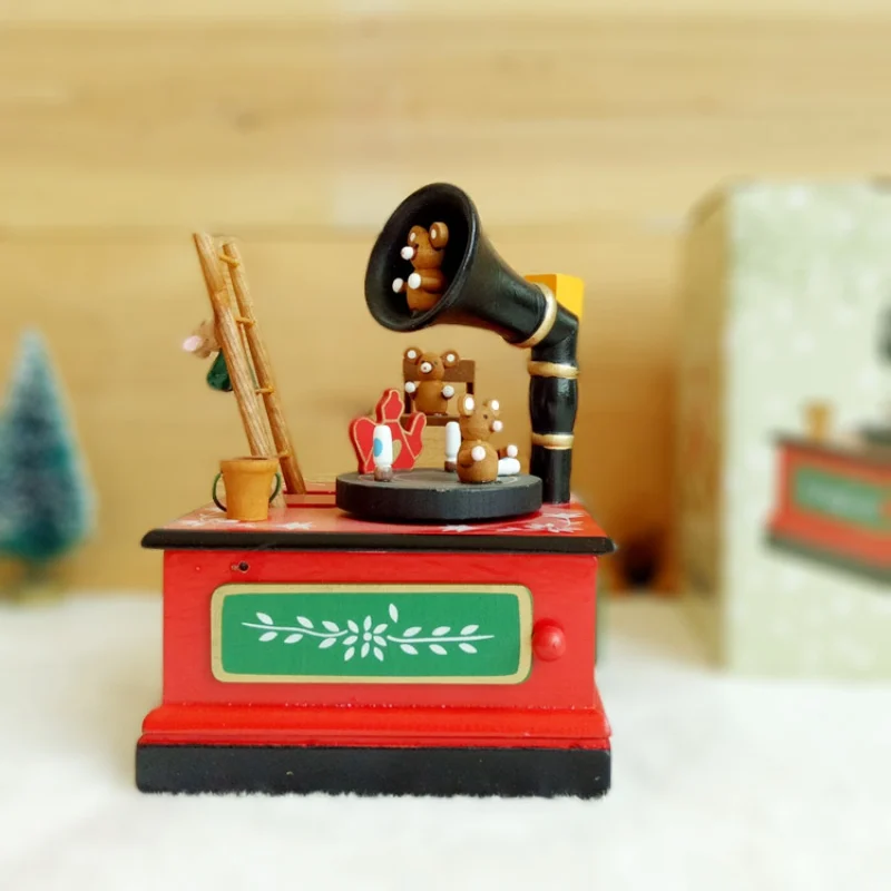 Christmas Cartoon Musical Box Xmas Red Wooden Classical Muisc Radio Box Craft Ornament Holiday Figurines Gift For Children