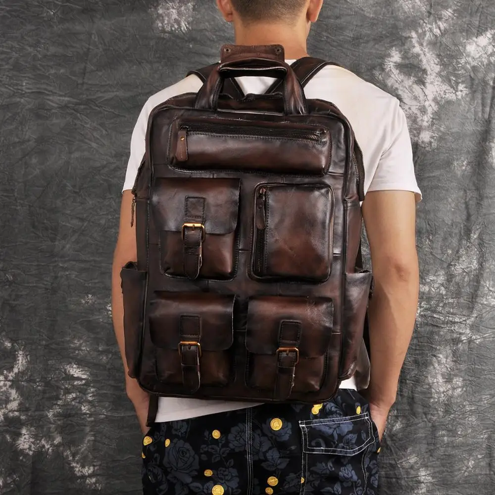 Quality Leather Fashion Travel College School Bag Design Male Heavy Duty Large Backpack Daypack Student Laptop Bag Men 1170-dc