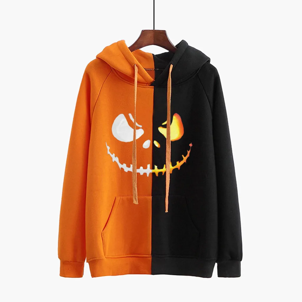 

Women Halloween evil Printed Hooded sweatshirt long Sleeve pullovers Jumper Patchwork autumn winter Sweatshirts Casual Tops 2019