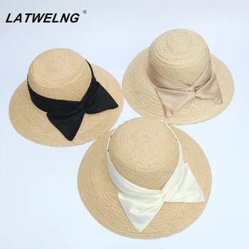 

2020 Hand-crocheted Raffia Beach Hat With Fashion Silk Bow Women Summer Sun Straw Hats Big Brim Sunscreen Caps Wholesale