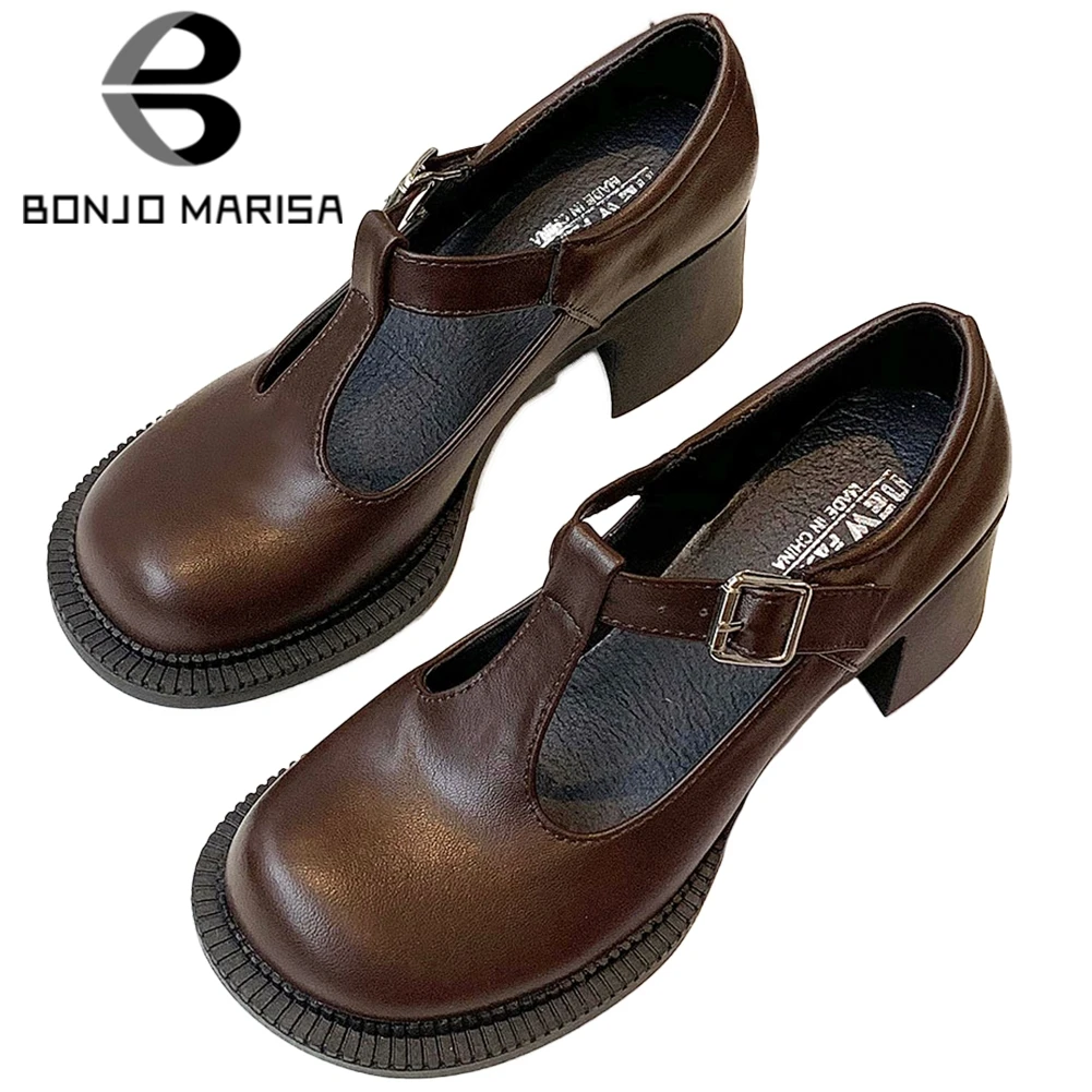 

BONJOMARISA Brand New Female Spring Summer Sandals Round Toe Retro Sewing Square Heel Sandals Women Consise Black Shoes Woman