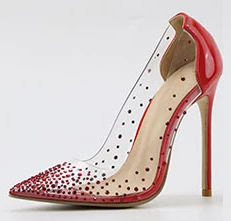red 12cm heel Choudory; шикарные свадебные туфли цвета шампанского; модельные туфли-лодочки из прозрачного ПВХ в стиле пэчворк; обувь для вечеринок со стразами; размер 43 - Цвет: red 12cm heel